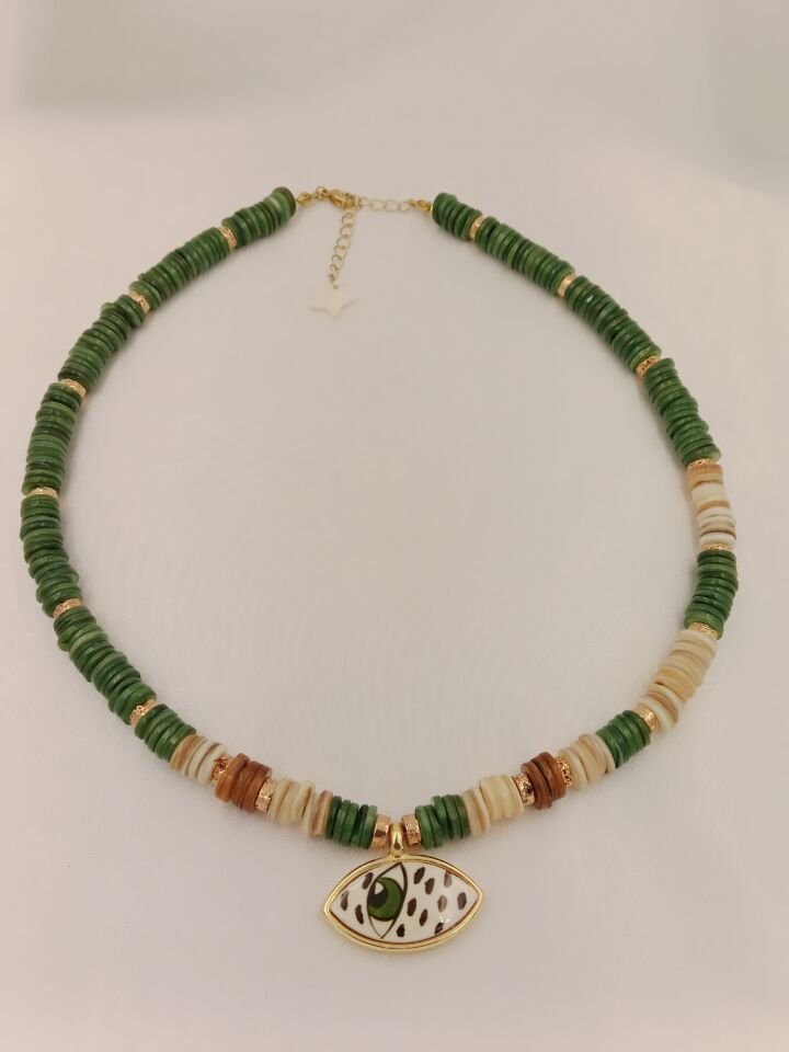 Disk Sedef Evil Eye Seramik Göz Tasarım Kolye