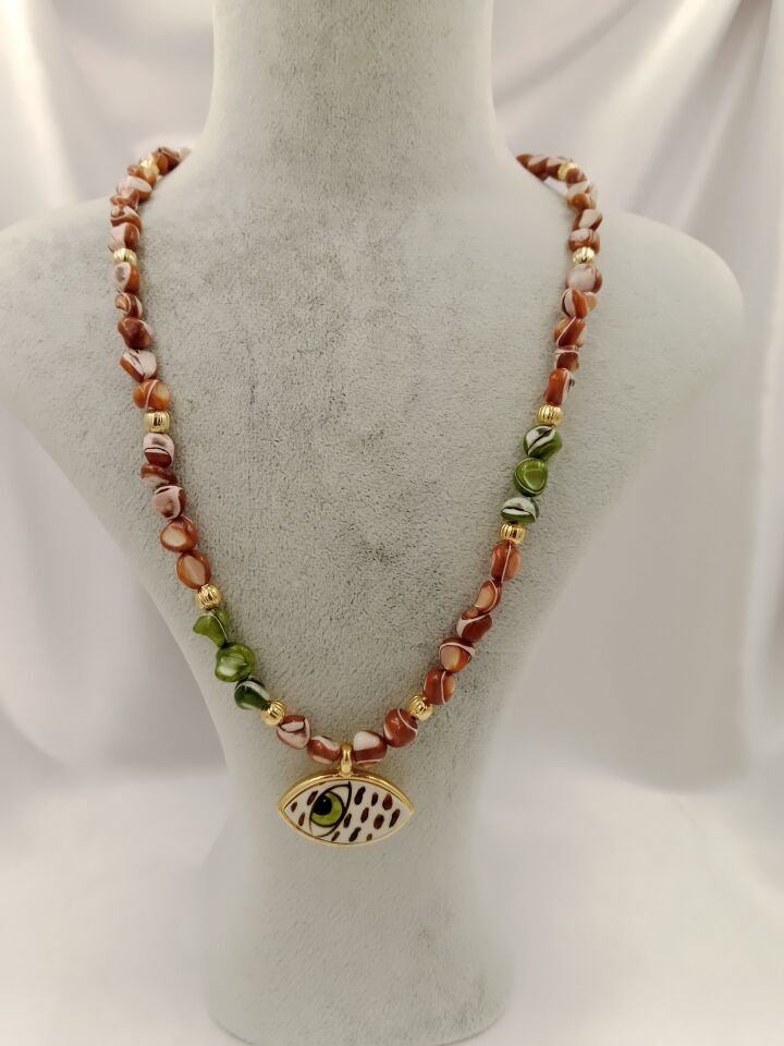 Kahve Tonları Amorf Sedef Evil Eye Seramik Göz Kolye