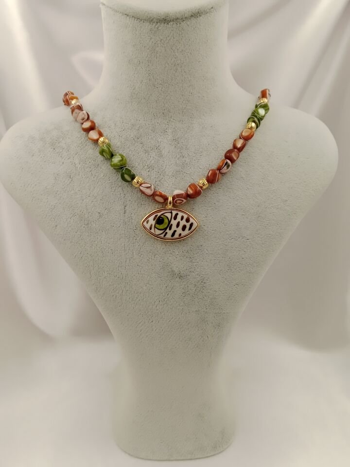 Kahve Tonları Amorf Sedef Evil Eye Seramik Göz Kolye