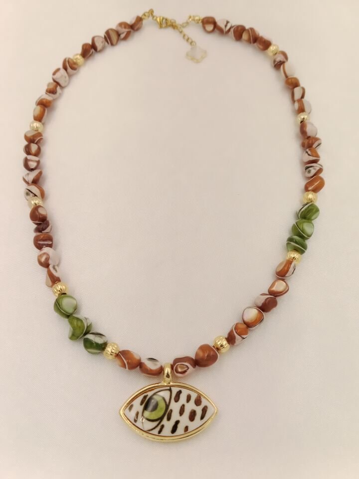 Kahve Tonları Amorf Sedef Evil Eye Seramik Göz Kolye