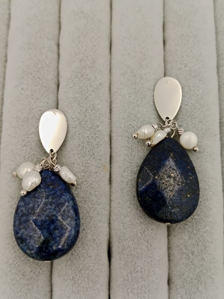 İncili Damla Faset Kesim Lapis Lazuli Taşlı Tasarım Küpe