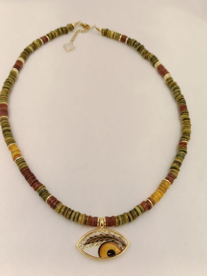 Kahverengi ve  Yeşil Tonlarda Disk Sedef Evil Eye Seramik Göz Kolye