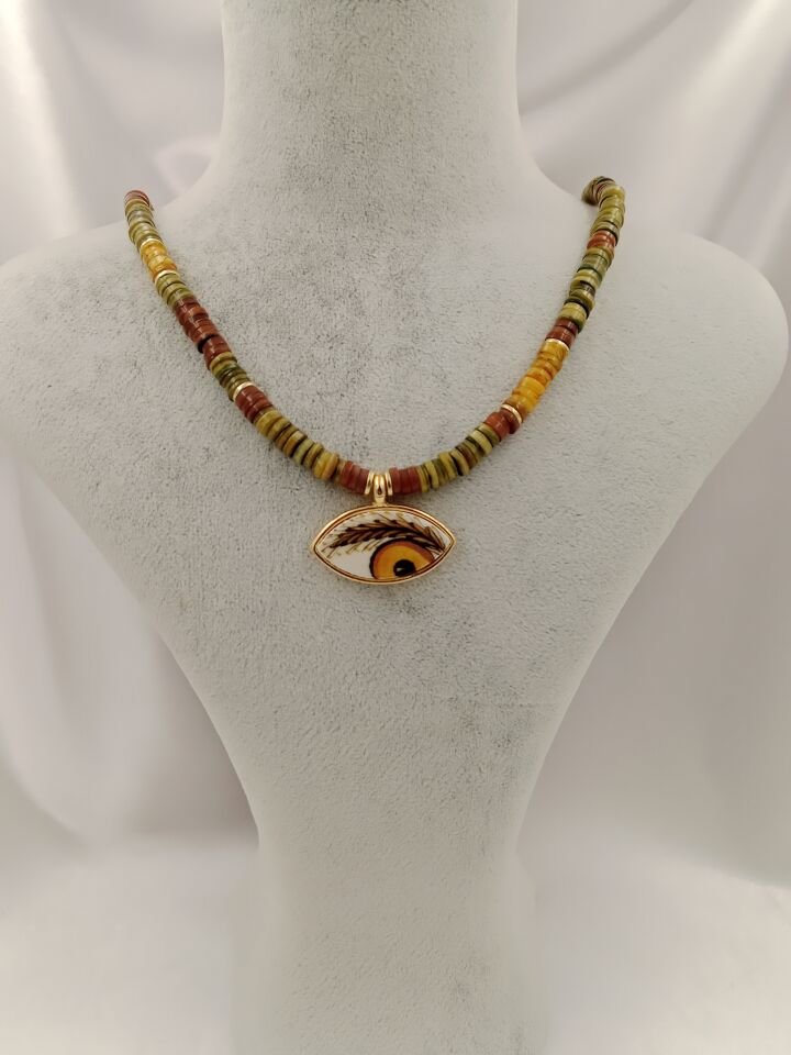 Kahve Yeşil Tonlarında Disk Sedef Evil Eye Seramik Göz Kolye