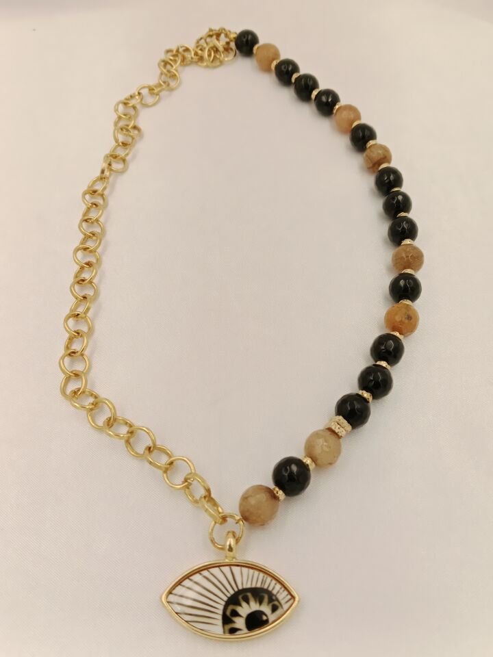 Zincir Detaylı Evil Eye Seramik Göz Kuvars Tasarım Kolye