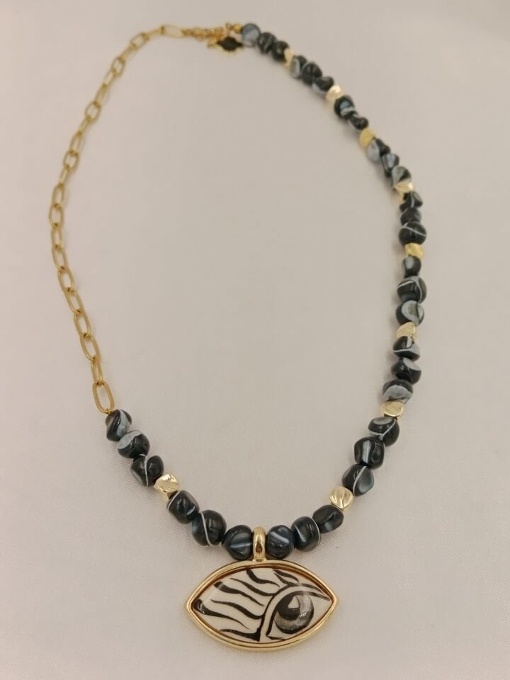 Zincir Detaylı Siyah Sedef Evil Eye Seramik Göz Tasarım Kolye