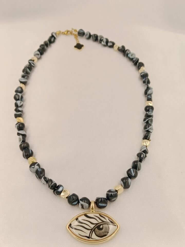 Siyah Sedef Evil Eye Seramik Göz Tasarım Kolye