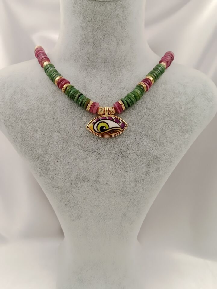 Bordo Yeşil Disk Sedef Evil Eye Seramik Göz Tasarım Kolye