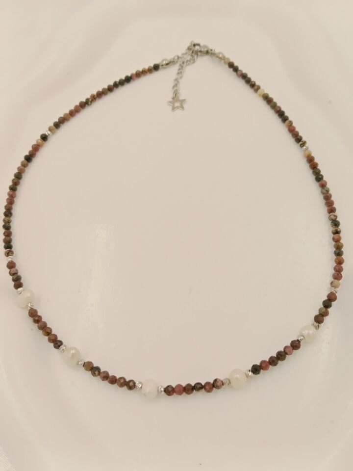 İncili Lal Garnet Minimal Tasarım Kolye