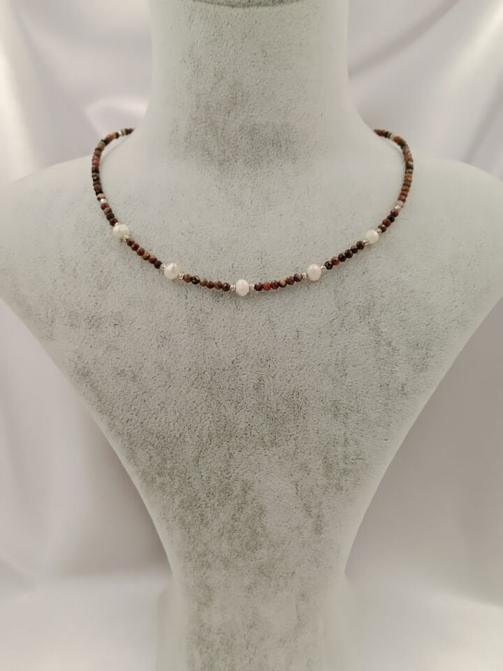 İncili Lal Garnet Minimal Tasarım Kolye