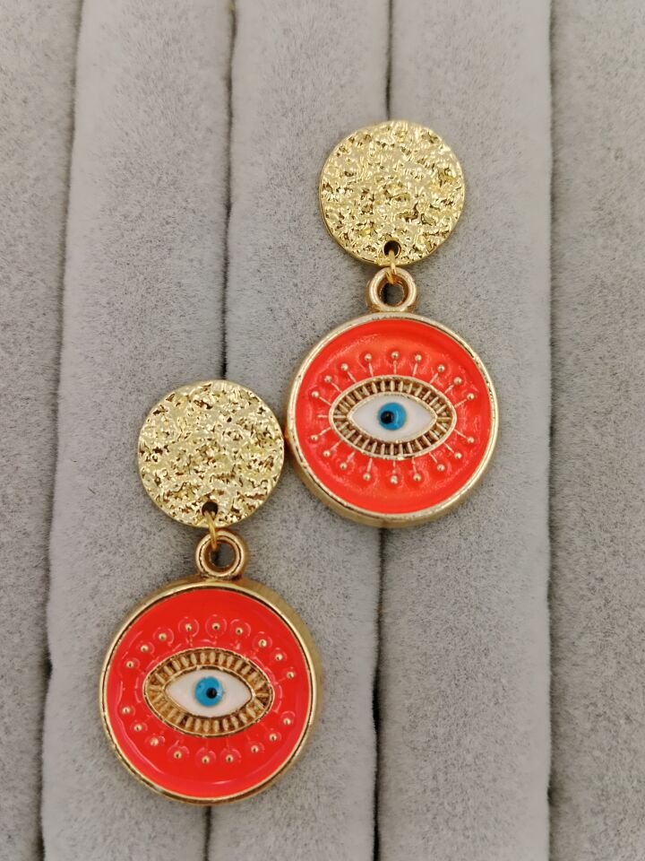 Mineli Neon Turuncu Evil Eye Göz Figürlü Tasarım Küpe