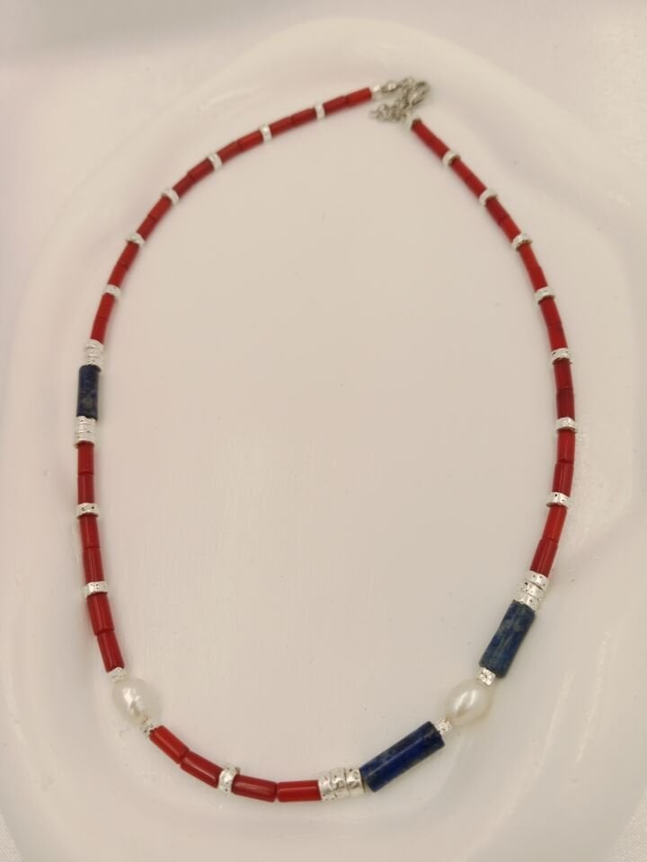 Lapis Lazuli Mercan ve İncili Minimal Tasarım Kolye