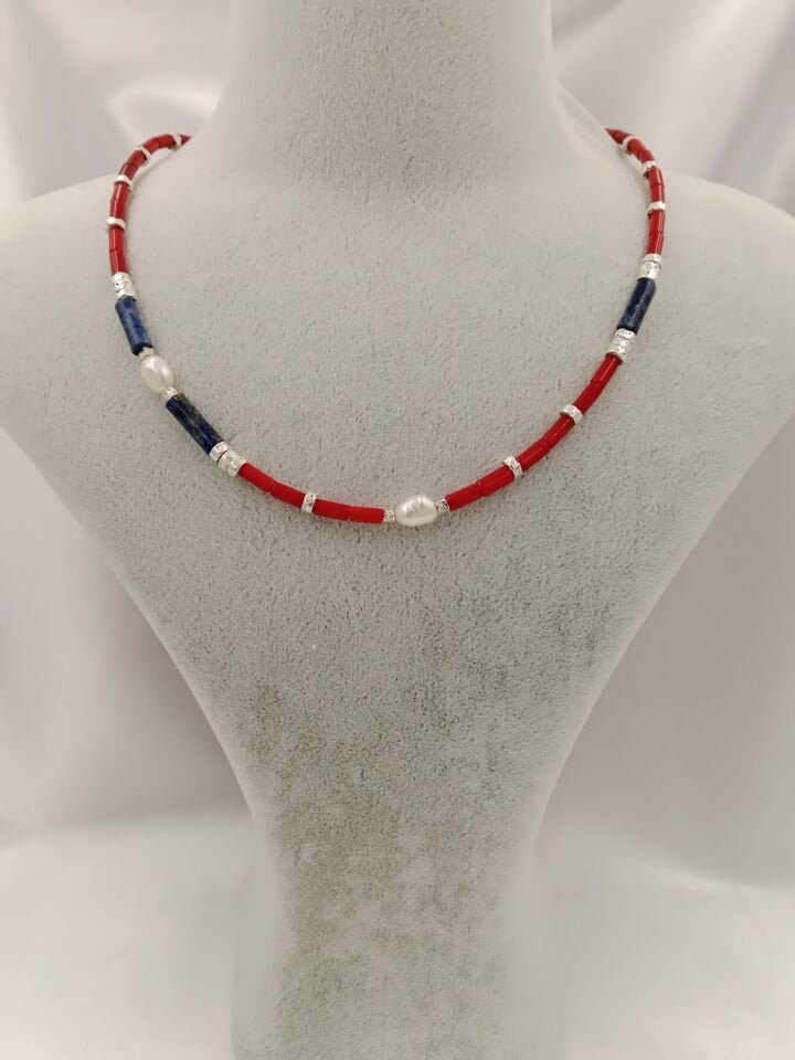 Lapis Lazuli Mercan ve İncili Minimal Tasarım Kolye