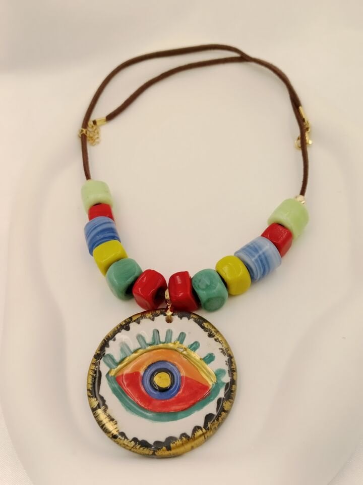 Bodrum Boncuklu Seramik Göz Evil Eye Tasarım Kolye