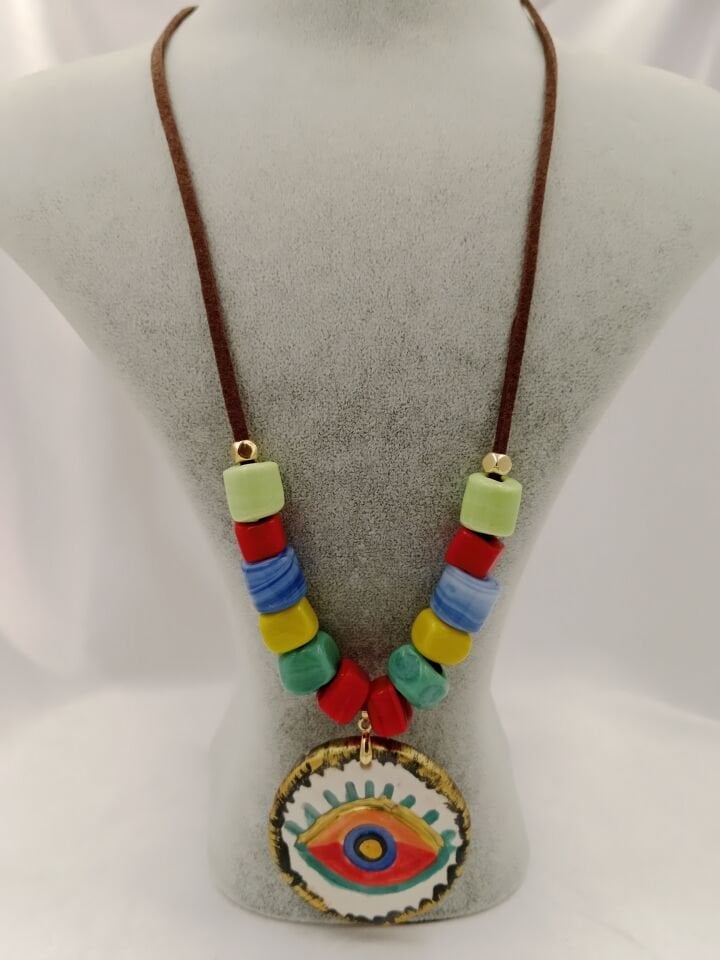 Bodrum Boncuklu Seramik Göz Evil Eye Tasarım Kolye