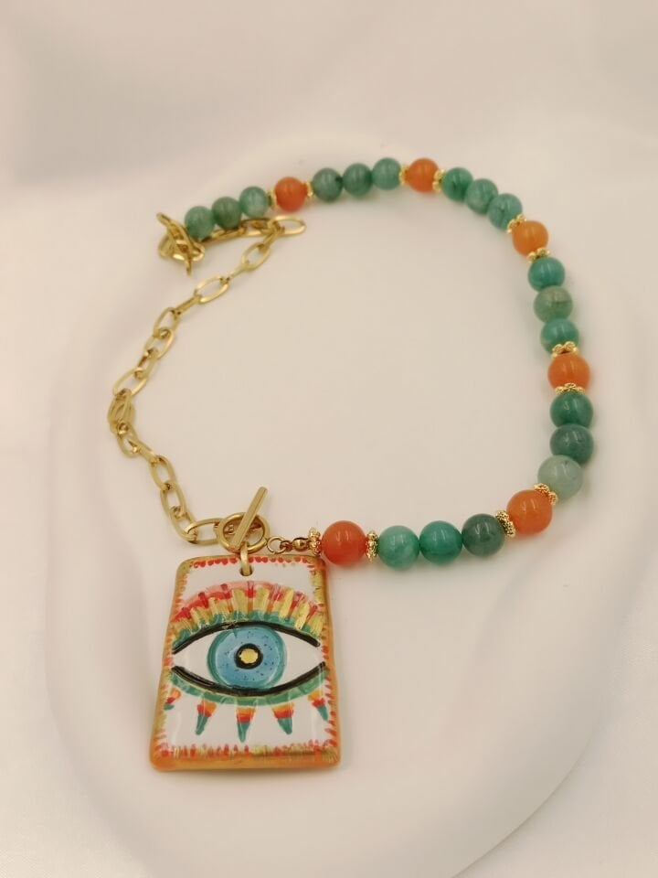 Kuvars Taşı ve Zincir Detaylı Seramik Göz Evil Eye Tasarım Kolye