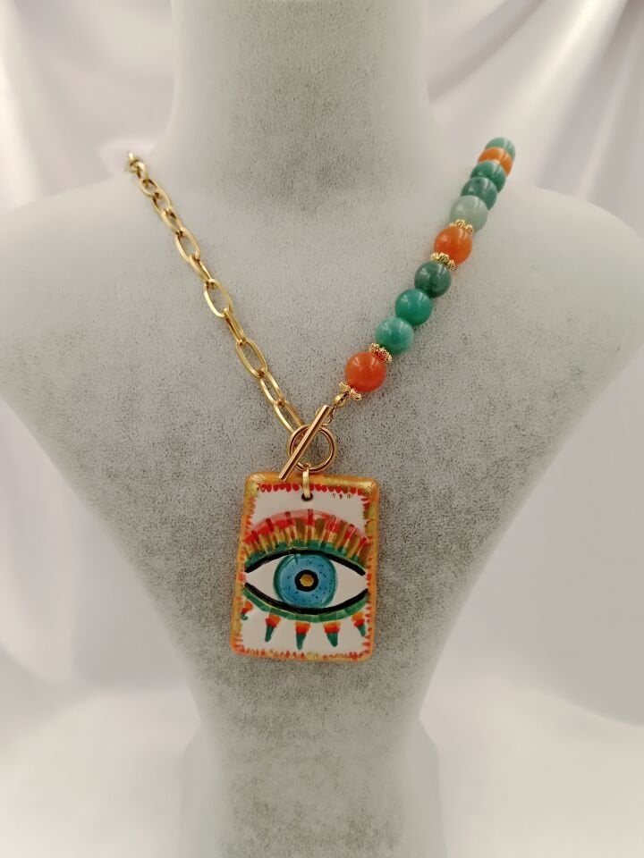 Kuvars Taşı ve Zincir Detaylı Seramik Göz Evil Eye Tasarım Kolye