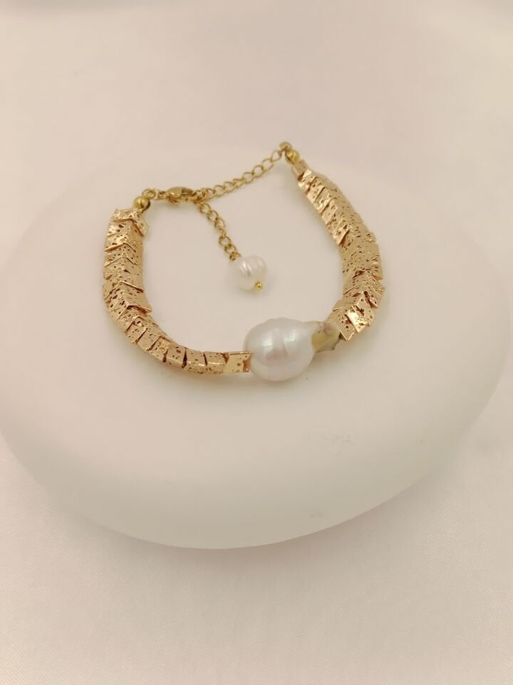 Lovely Lav Gold Barok İncili Lav Taşı Bileklik