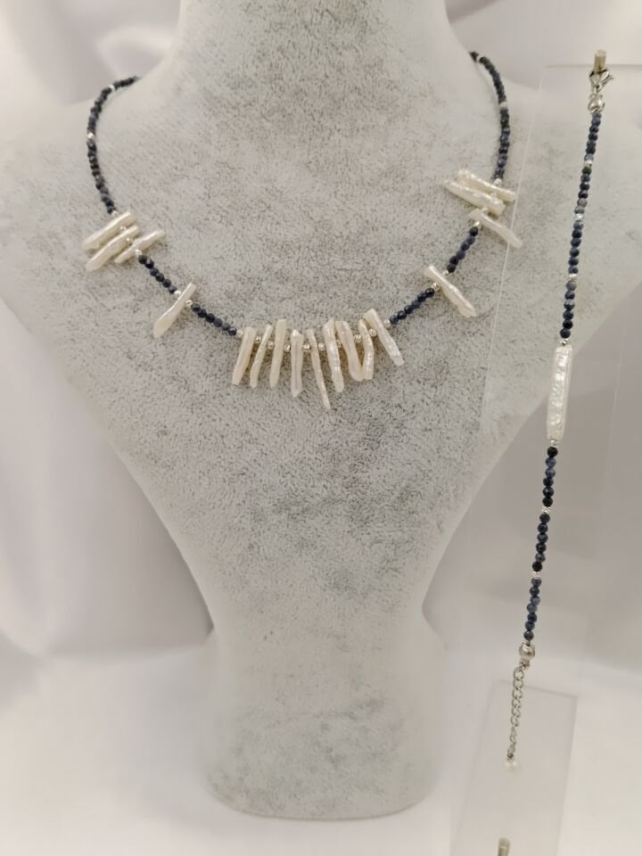 Gerçek Safir ve Barok İnci Kolye Bileklik Özel Tasarım Set