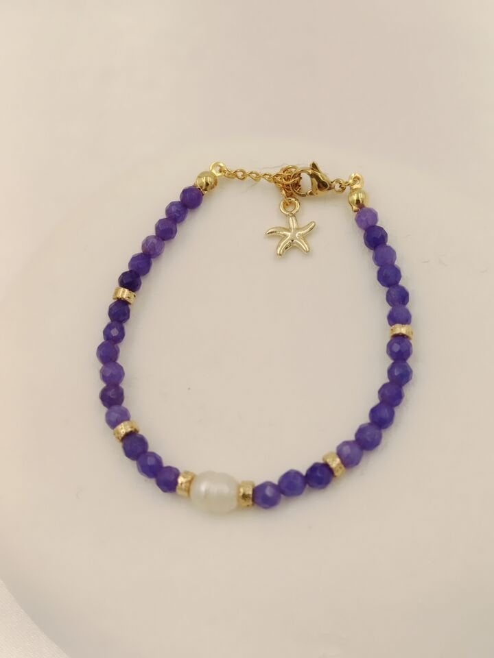 Mor Kuvars Taşlı İncili Minimal Bileklik