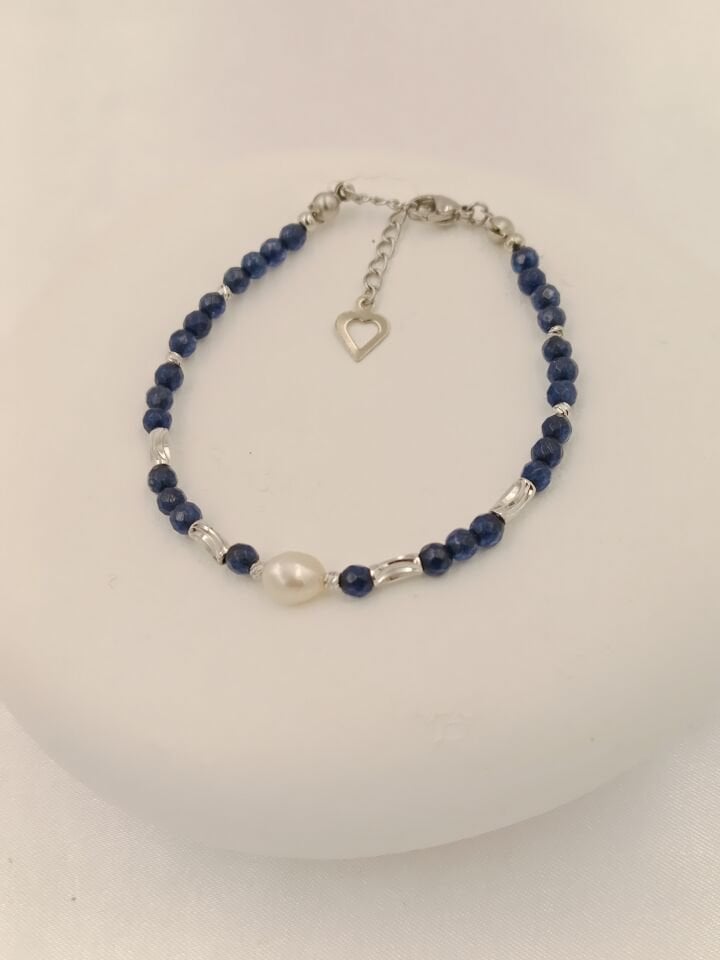 Safir Rengi Kuvars Taşlı İncili Minimal Bileklik