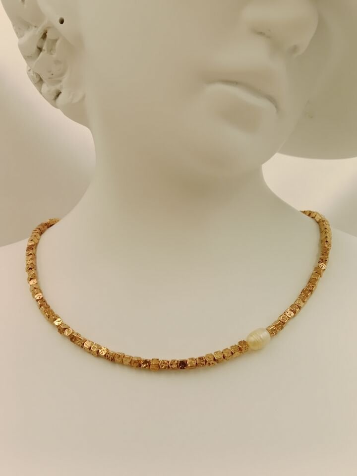 Lovely Lav Gold İncili Minimal Lav Taşı Kolye